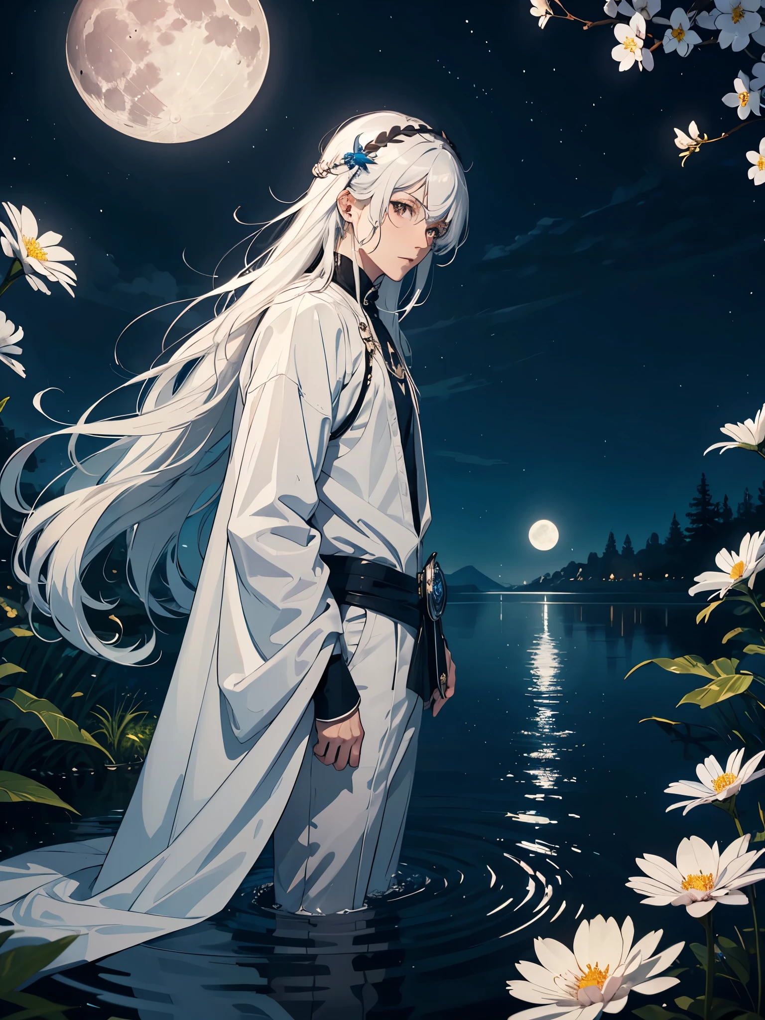 Viele weoße vögel. More anime. light blue light. Bright bright light. magical. Moon. White flowers. male. Long hair. long white hair. aquatic, boy, God of the Moon, silver hair accessories, White hair.