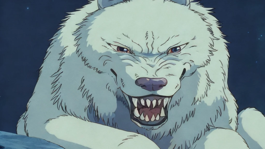 A white wolf is showing its fangs and threatening　Quite large　Background Sen