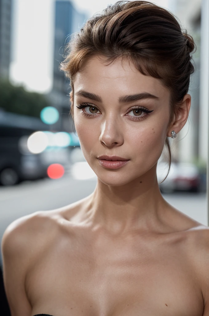 ((best quality, exceptional visual quality)), ((better skin texture, premium material)), ((upper body portrait)), (a hollywood starlet, similar to audrey hepburn, ??? symbol), the kind of actress/model who gets all the big roles because of her good looks, short hair, short blunt bangs, breakfast at tiffany's, (eye makeup, eyeliner)