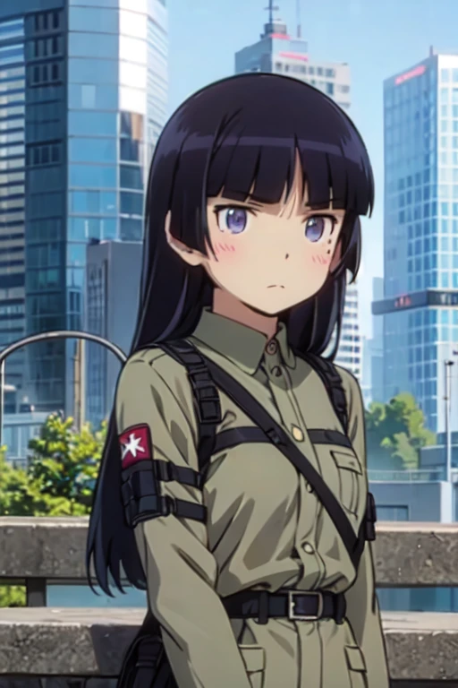 ruri gokou, (Ultra-high resolution), (masterpiece), (Attention to detail), (high quality), (最high quality) , 1 girl, alone, Hime cut, Long Hair, ((Sniper)), A female sniper kneels on the roof of a skyscraper.、Sniperライフルを構えている。Wearing tactical gear and urban camo camouflage、wearing goggles。The city skyline is in the background.、Her serious expression stands out。