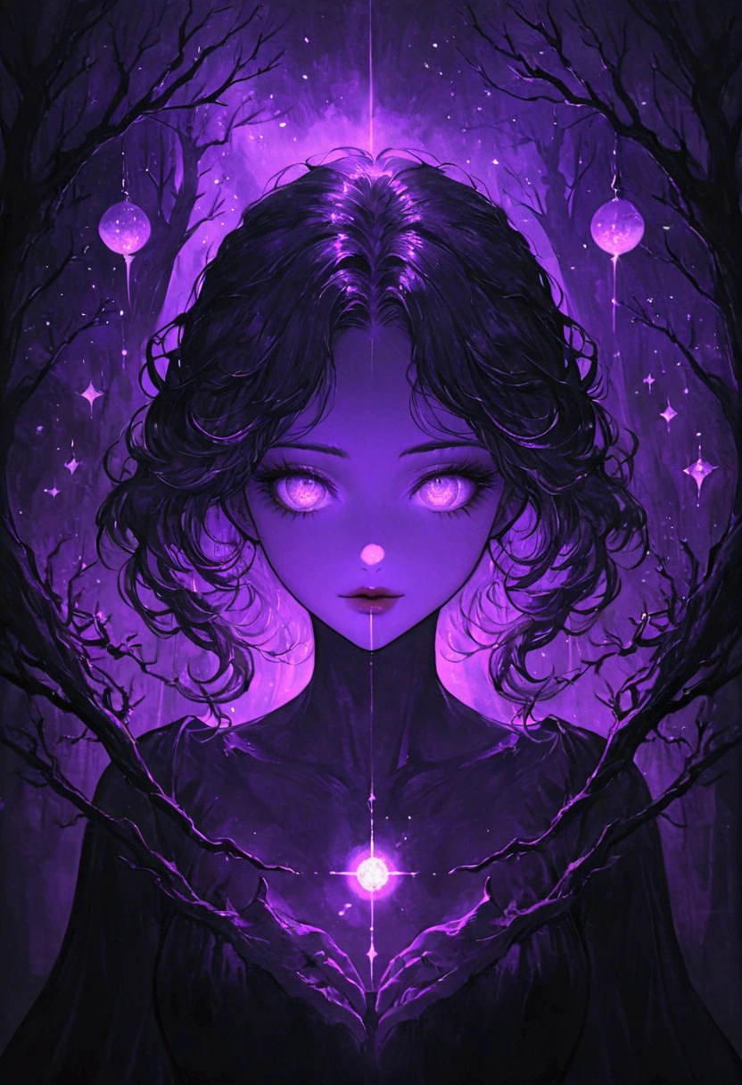 optical illusion, Black light art, conceptual artwork, por Arthur Rackham, (best qualityer, high resolution, ultra detali), The Goddess Casting Brilliant Mystical Spells on a Haunted Forest, orange and purple tones, portraits, bright coloured, extreme detailed description, sharp focus, Physically based rendering, studio lighting, horor, mysterious atmosphere, swirling mist, ethereal glow, ancient trees, twisted branches, Moonlit sky, mysterious shadows, Mesmerizing, enchanting, hauntingly beautiful,