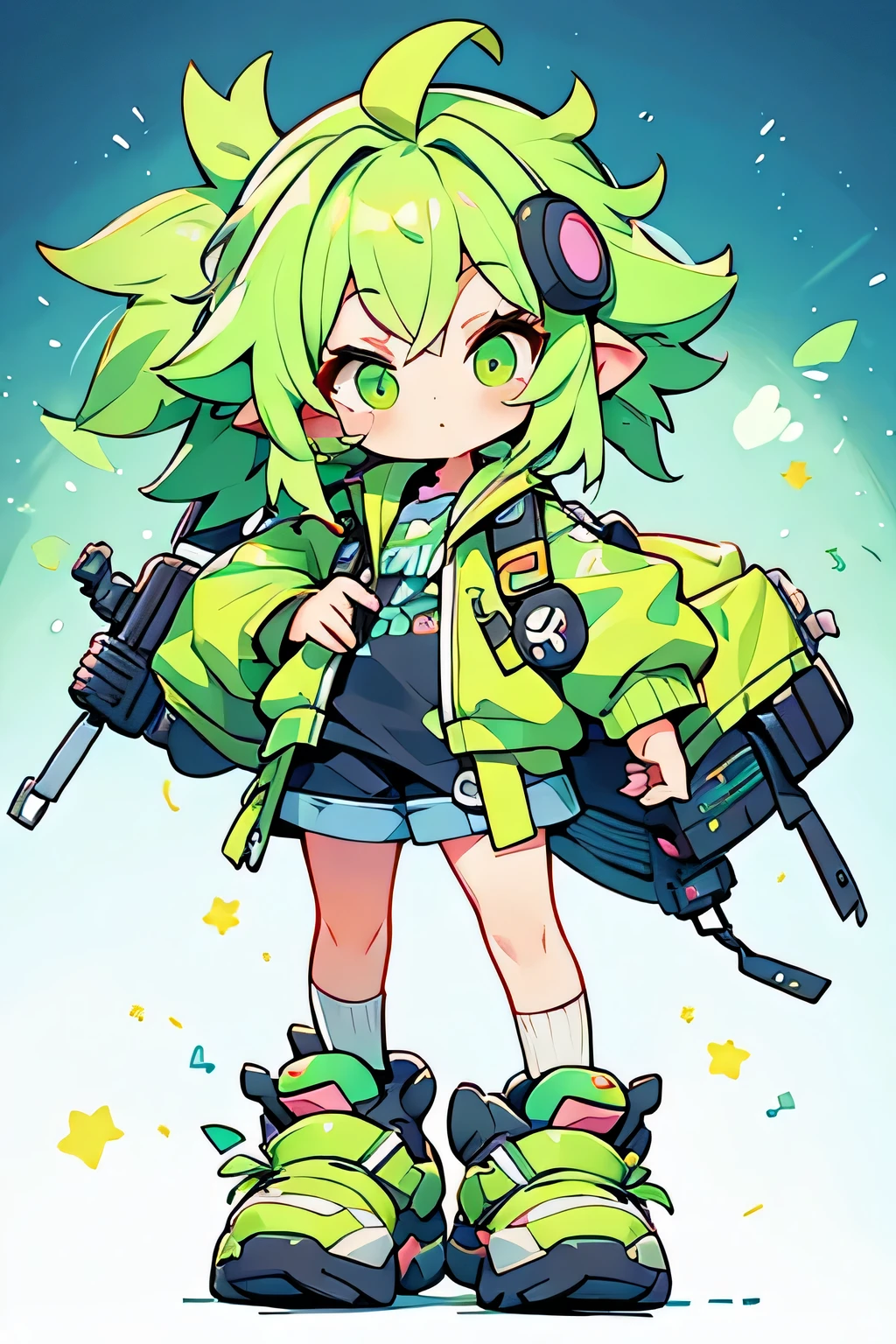 cute human girl with otter ears, fluffy hair, tomboy vibe, colorful lime green hair, slight cyberpunk vibe