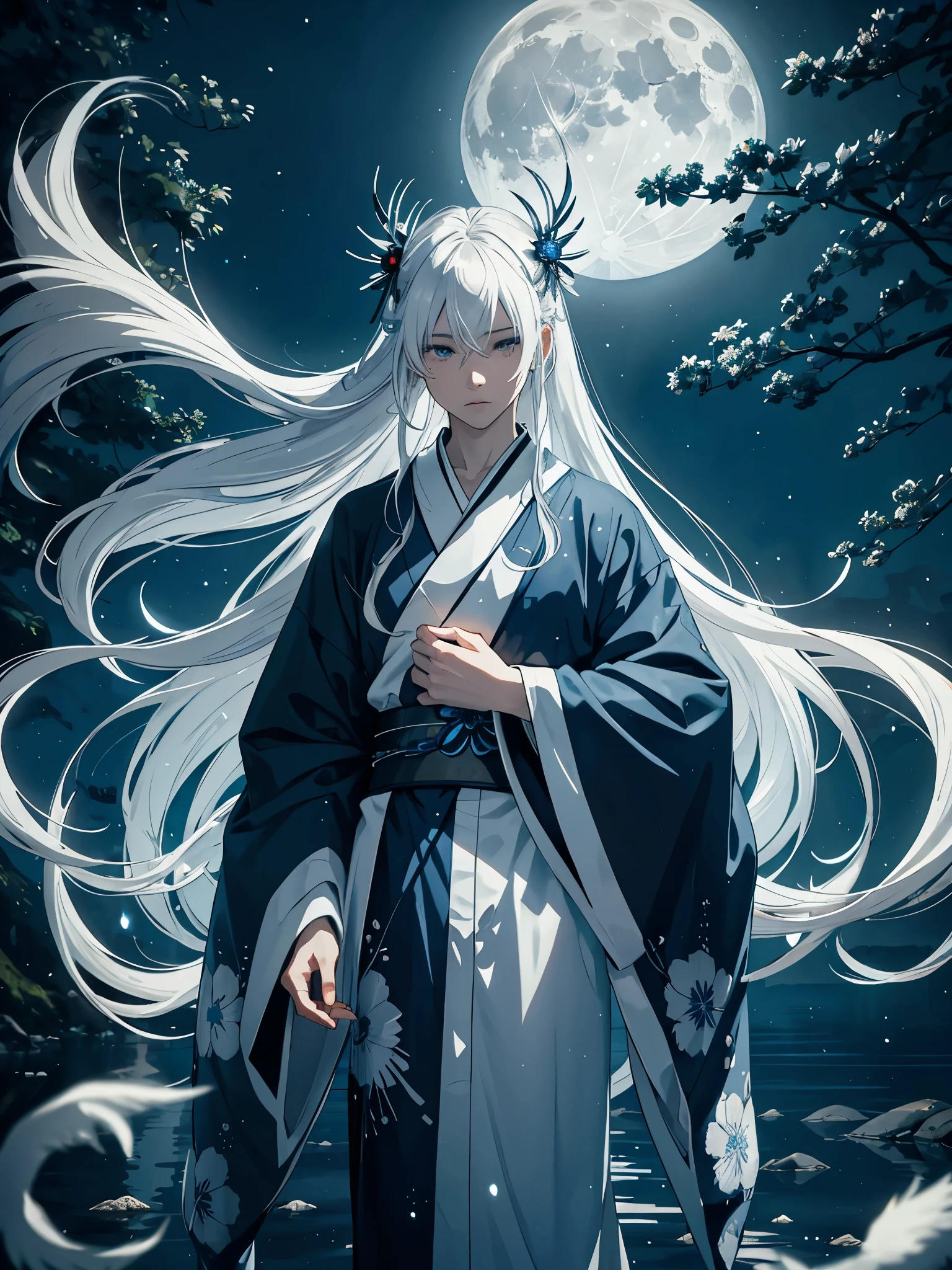 Kimono. White crows. Ghosts. lights. magical. Power animals. Spirit. King of the moon. Long hair. long white hair. aquatic, boy,  silver hair accessories, White hair, blue flowers. Blue lights. full moon. holy. 