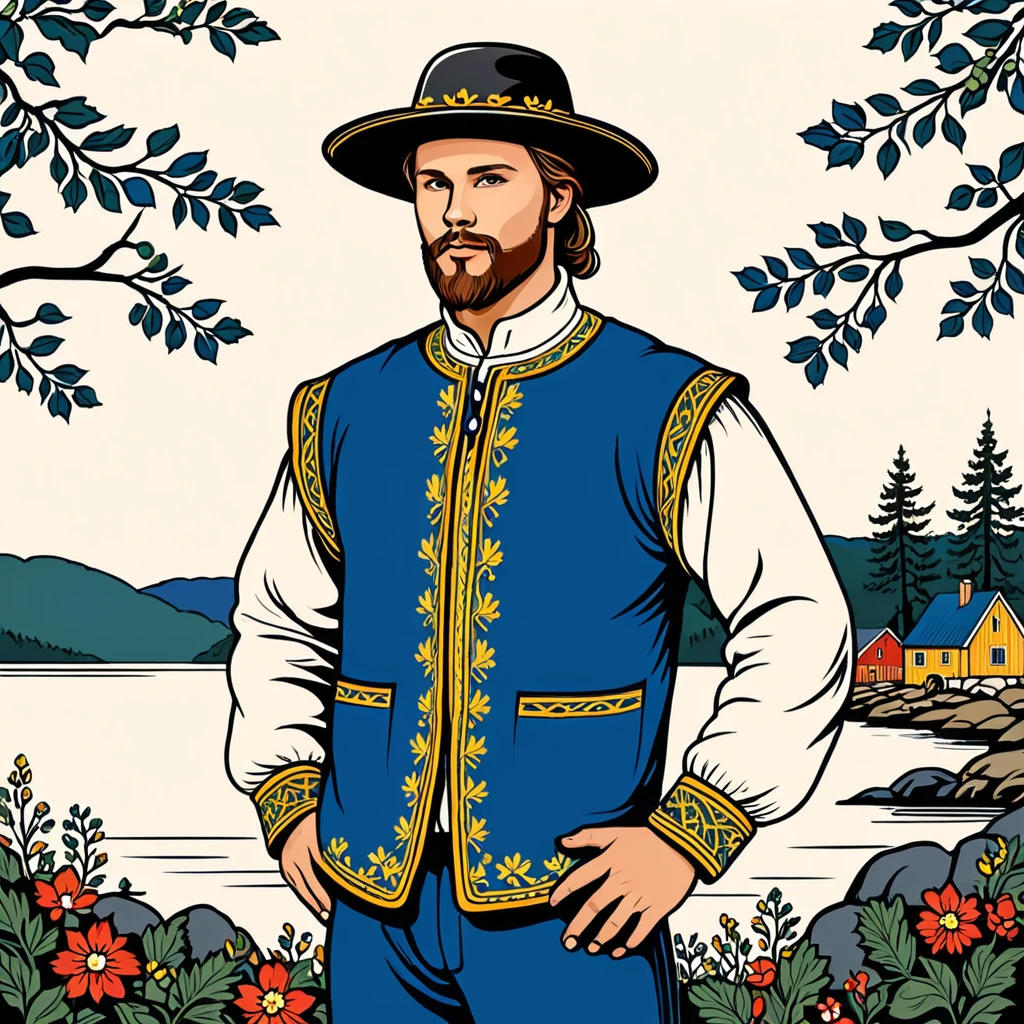 man in sweden folk outfit, vector graphics, strong contours