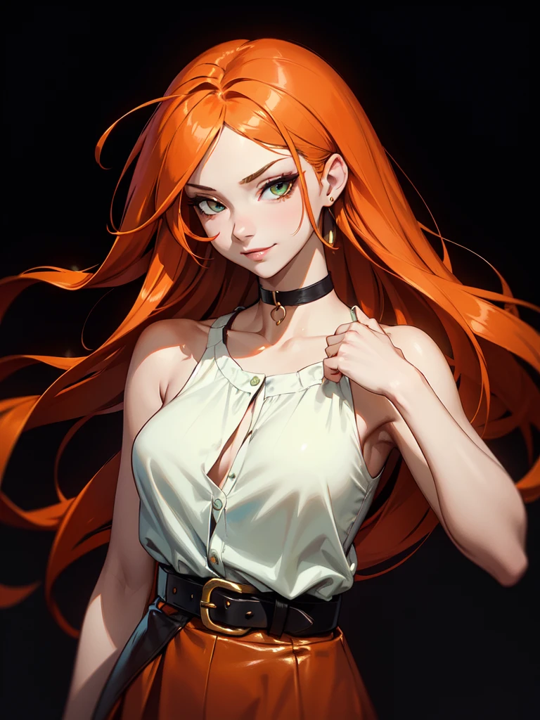 (((Portrait Photo))), She has a Vibrant, Energetic Appearance of a 17-Year-Old, with a Confident and Lively Demeanor. Her Long, Flowing Orange Hair, Styled in Loose Layers, Cascades Down Her Back. Her Striking Green Eyes, Filled with a Playful and Mischievous Glint, Stand Out against Her Fair Skin. She is Dressed in a Chic Summer Outfit with a Mini Skirt, and a Sleeveless Blouse, Completed with a Leather Belt and a Delicate Choker Necklace. Her Expression is Confident and Inviting, with a Subtle Smirk that Hints at Her Spirited Personality. (((High Quality, Dark Background))), (((Portrait Photo)))