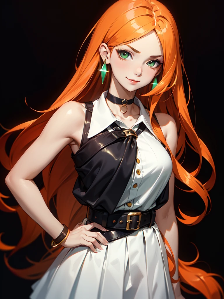 (((Portrait Photo))), She has a Vibrant, Energetic Appearance of a 17-Year-Old, with a Confident and Lively Demeanor. Her Long, Flowing Orange Hair, Styled in Loose Layers, Cascades Down Her Back. Her Striking Green Eyes, Filled with a Playful and Mischievous Glint, Stand Out against Her Fair Skin. She is Dressed in a Chic Summer Outfit with a Mini Skirt, and a Sleeveless Blouse, Completed with a Leather Belt and a Delicate Choker Necklace. Her Expression is Confident and Inviting, with a Subtle Smirk that Hints at Her Spirited Personality. (((High Quality, Dark Background))), (((Portrait Photo)))