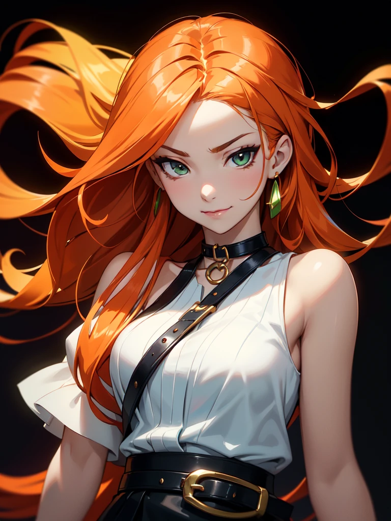 (((Portrait Photo))), She has a Vibrant, Energetic Appearance of a 17-Year-Old, with a Confident and Lively Demeanor. Her Long, Flowing Orange Hair, Styled in Loose Layers, Cascades Down Her Back. Her Striking Green Eyes, Filled with a Playful and Mischievous Glint, Stand Out against Her Fair Skin. She is Dressed in a Chic Summer Outfit with a Mini Skirt, and a Sleeveless Blouse, Completed with a Leather Belt and a Delicate Choker Necklace. Her Expression is Confident and Inviting, with a Subtle Smirk that Hints at Her Spirited Personality. (((High Quality, Dark Background))), (((Portrait Photo)))