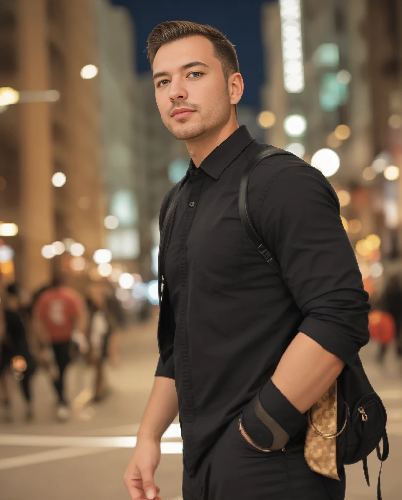 closeup face photo of caucasian man in black clothes, night city street, bokeh