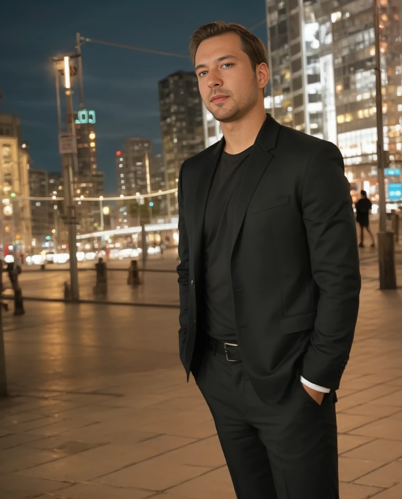 closeup face photo of caucasian man in black clothes, night city street, bokeh