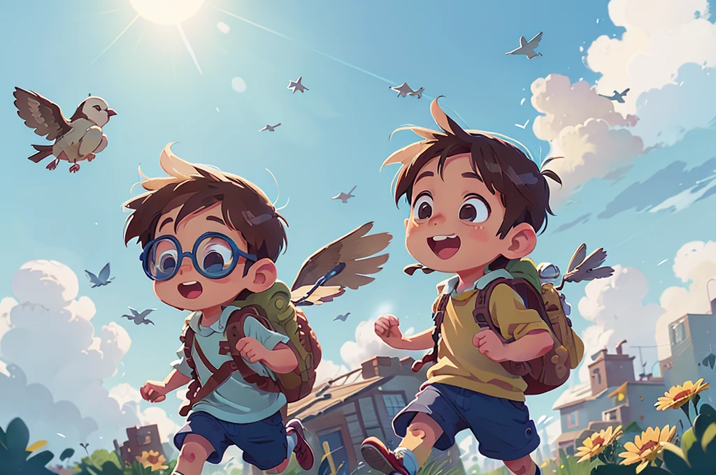 Little boy with backpack flying in blue sky, beautiful sky, clouds, sun, birds flying, feeling of happiness, wind, brown hair, short hair, goggles, open mouth, happy, Ghibli-like colors, bloom, cinematic lighting, god rays, from side, from above, lens flare, masterpiece, best quality, high details