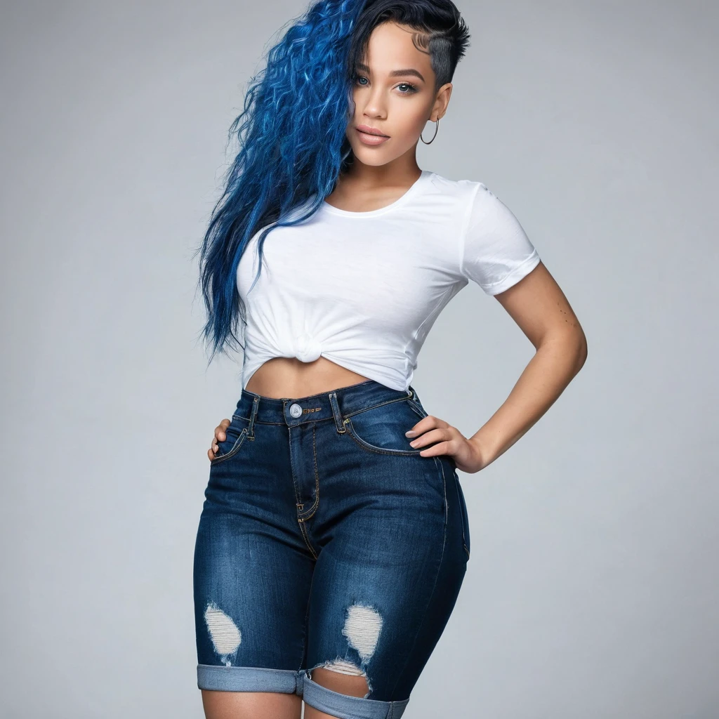 1 beautiful biracial blue hair, blue eyes, extremely detailed full body, Gros seins, De Derrière, round butt, black shorty jeans, white t-shirt, Résolution Haute, Langue Sortie,