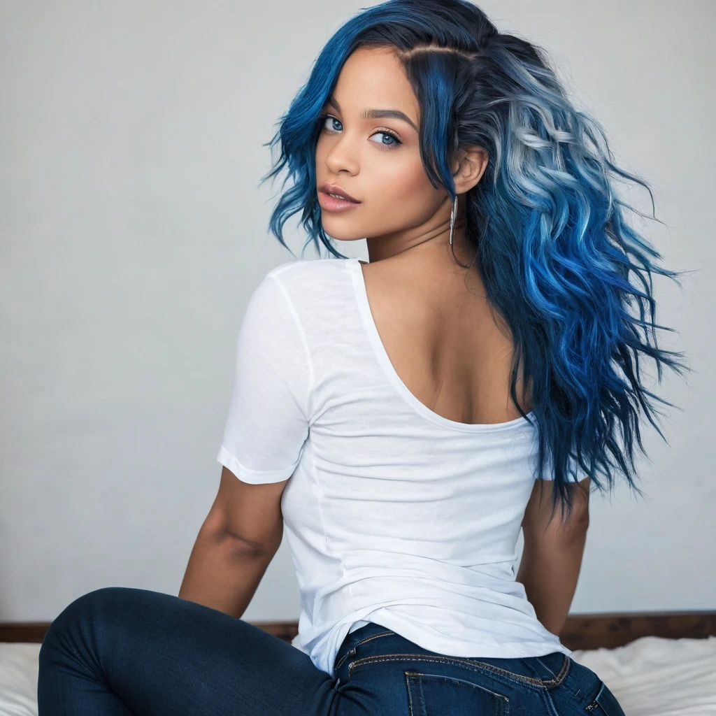 1 beautiful biracial blue hair, blue eyes, extremely detailed full body, Gros seins, De Derrière, round butt, black shorty jeans, white t-shirt, Résolution Haute, Langue Sortie,