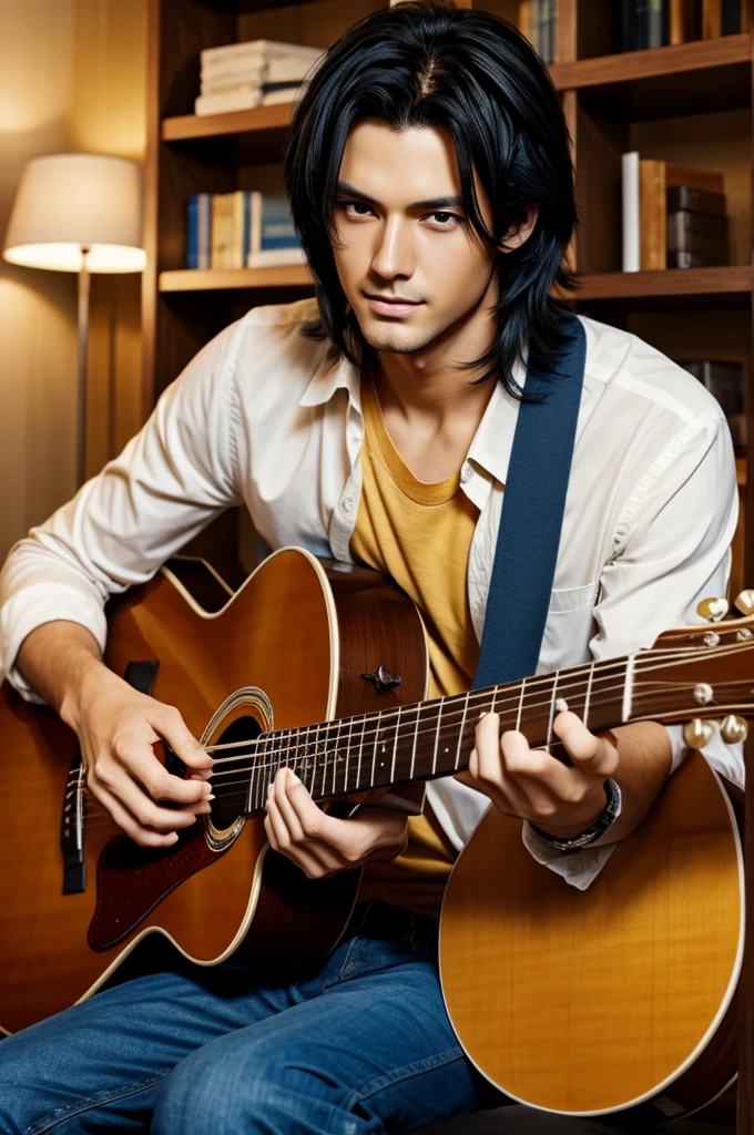 A tall anime man with shoulder-length black hair and beautiful honey-colored eyes, playing a blue guitar