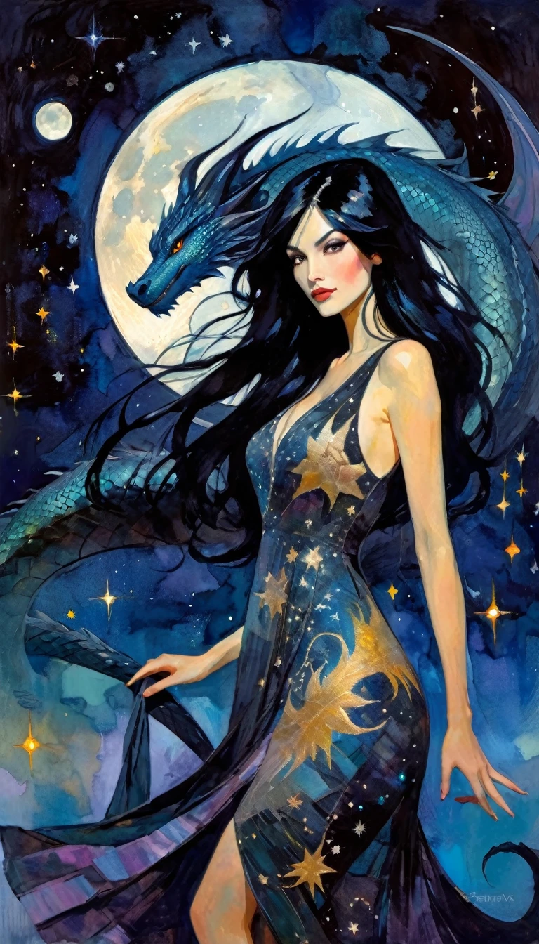 woman and giant dragon, woman with long, sexy black hair, wearing an embroidered dress whose fabrics fly across the image,magic, fantastic, night sky, moon, stars, background, (simple oil painting in a style to Bill Sienkiewicz)
