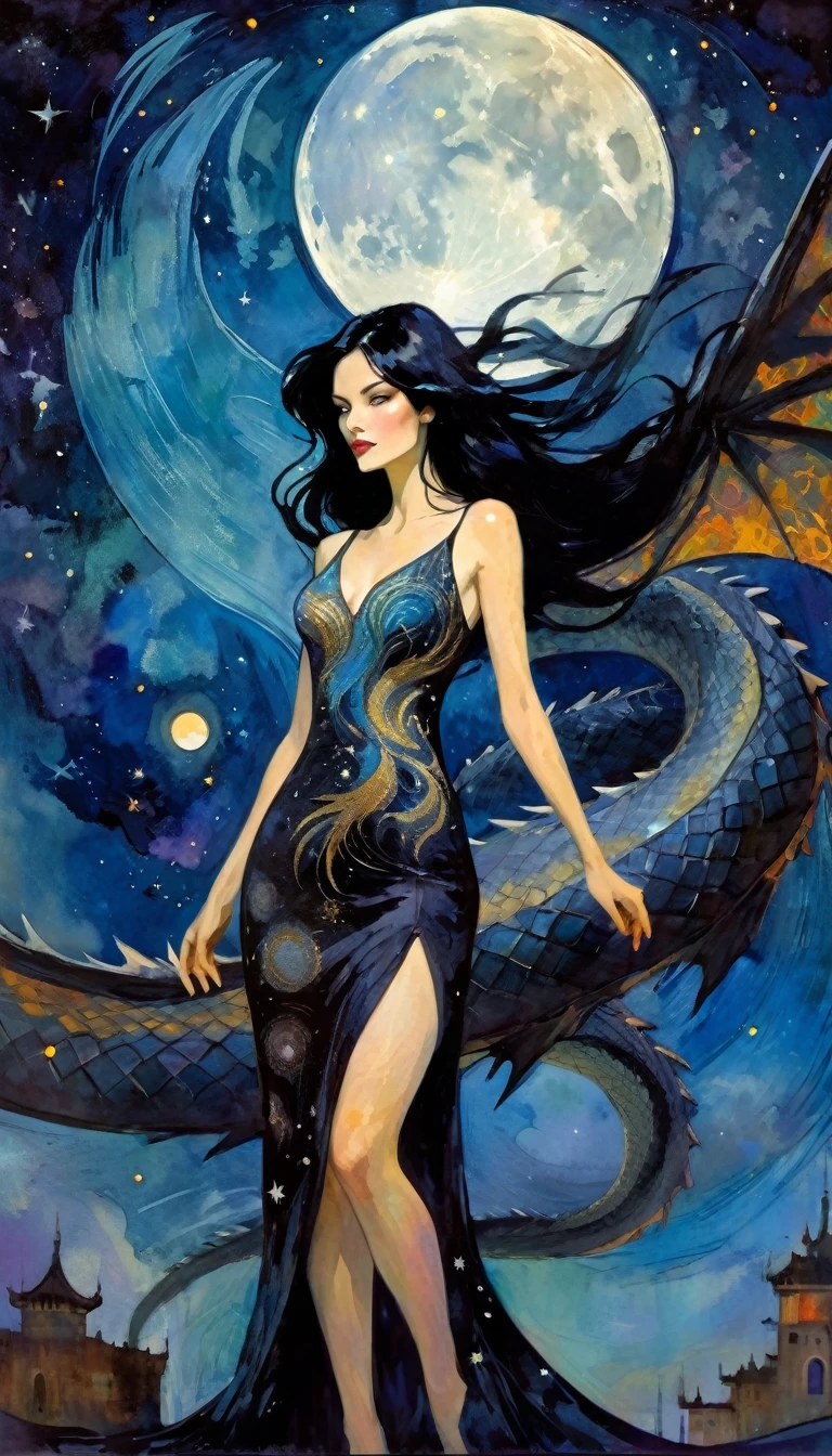 woman and giant dragon, woman with long, sexy black hair, wearing an embroidered dress whose fabrics fly across the image,magic, fantastic, night sky, moon, stars, background, (simple oil painting in a style to Bill Sienkiewicz)

