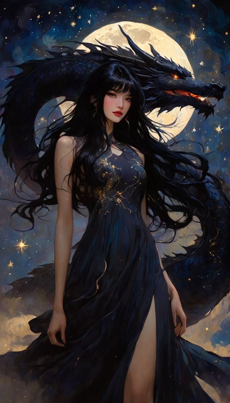 woman and giant dragon, woman with long, sexy black hair, wearing an embroidered dress whose fabrics fly across the image,magic, fantastic, night sky, moon, stars, background, (simple oil painting in a style to Bill Sienkiewicz)
