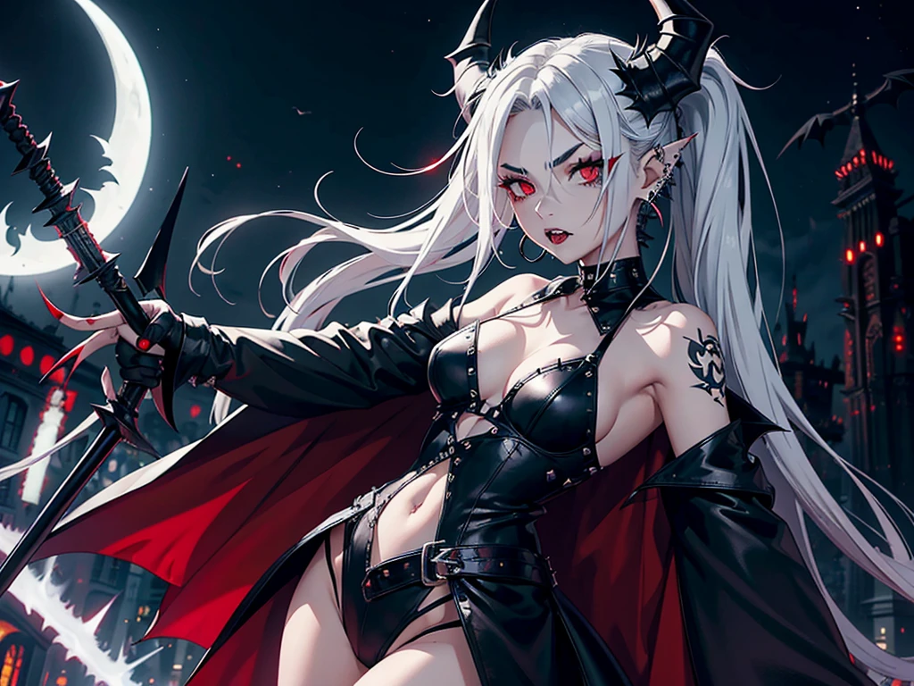 1girl, spiky white long hair, red eyes, septum piercing, eyebrow piercing, vampire fangs, ear piercings, face piercings, sharp nails, wearing black punk bodysuit, wearing black fur cloak, bat wings, long horns, giant scythe, graveyard, night, high res, ultrasharp, 8k, masterpiece, looking at viewer