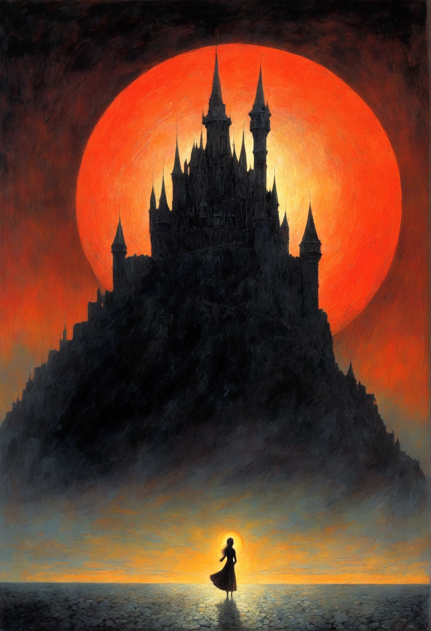 black cat, author：Zdzislaw Beksiński、Big Eye in the Sky、Red Moon、girl、Huge castle