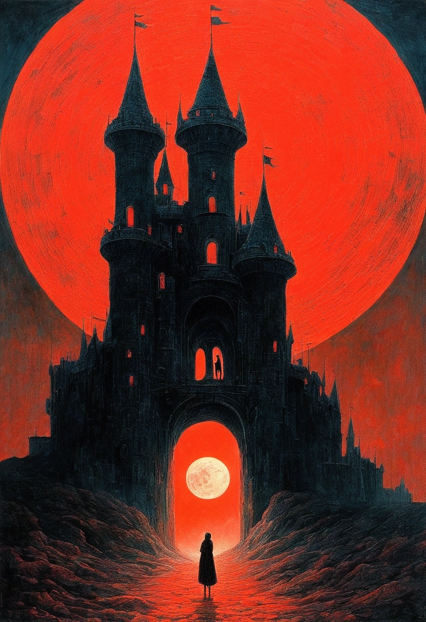 black cat, author:Zdzislaw Beksiński、Big Eye in the Sky、Red Moon、girl、Huge castle