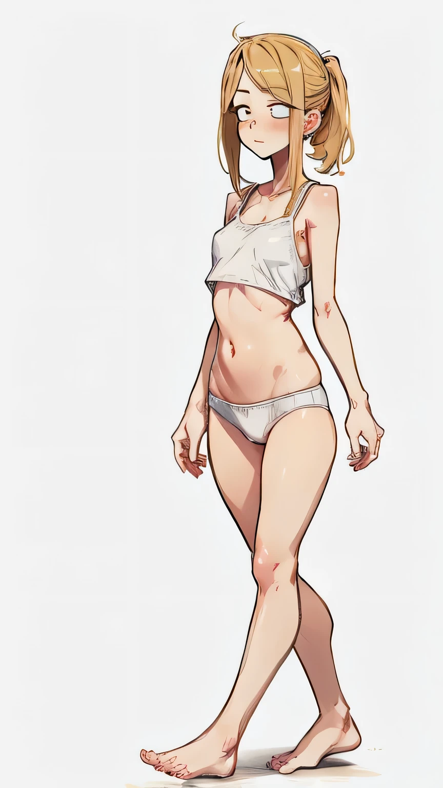 Girl with blonde hair, in plain white underwear, whole body from head to toe, walks