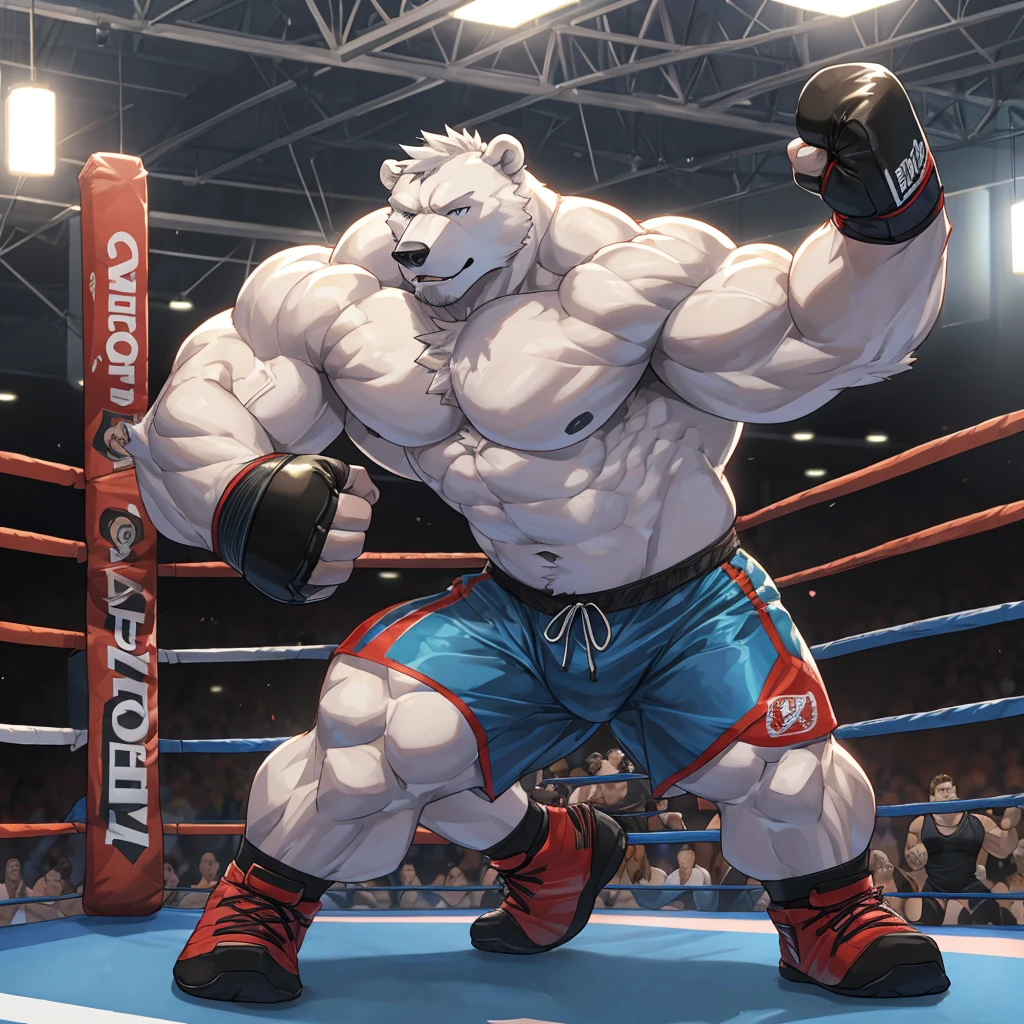 a highly muscular, shirtless polar bear with a huge, bulky physique, wearing only light blue MMA fighting shorts, fingerless gloves, and MMA footwear, performing intense kickboxing training at the gym, 1 male, high quality, highly detailed, short hair, wide pectorals, correct anatomy, photorealistic