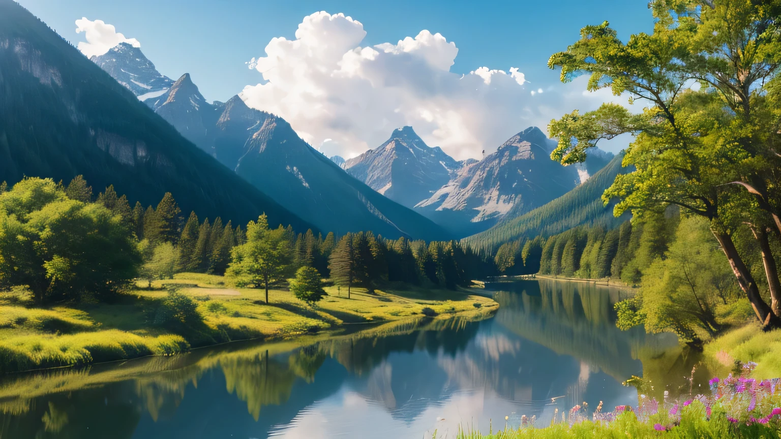 (Realistic scenery,High resolution,masterpiece:1.2),Vibrant colors,Very detailed,Sharp focus,Physically Based Rendering,Natural light,forest,Mountain々,river,Reflection Lake,Gentle hills,Sunlit clouds,Towering Tree々,Colorful wildflowers, Tranquility,Harmony,Freeflow, Peaceful atmosphere,Breeze,Harmonyのとれたカラーパレット,Quiet atmosphere,Sublime Beauty,Awe-inspiring views,Serene and majestic,Untouched nature.