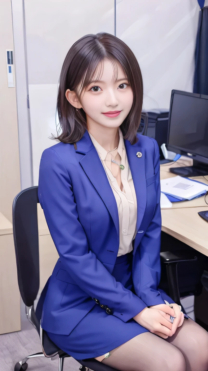 Highest quality:1.2), RAW Photos, High resolution, Very detailed, Intricate details, Woman sitting in office chair、Full body photo、Short Haircut、Wavy Hair、、ear piercing、smile、Beautiful teeth alignment、Brown Hair(Front view, ), Clear beauty, (High quality fabric, Office Lady Suit 、Knee-length skirt、tights、pumps、Necklace around the neck、, The background is the office