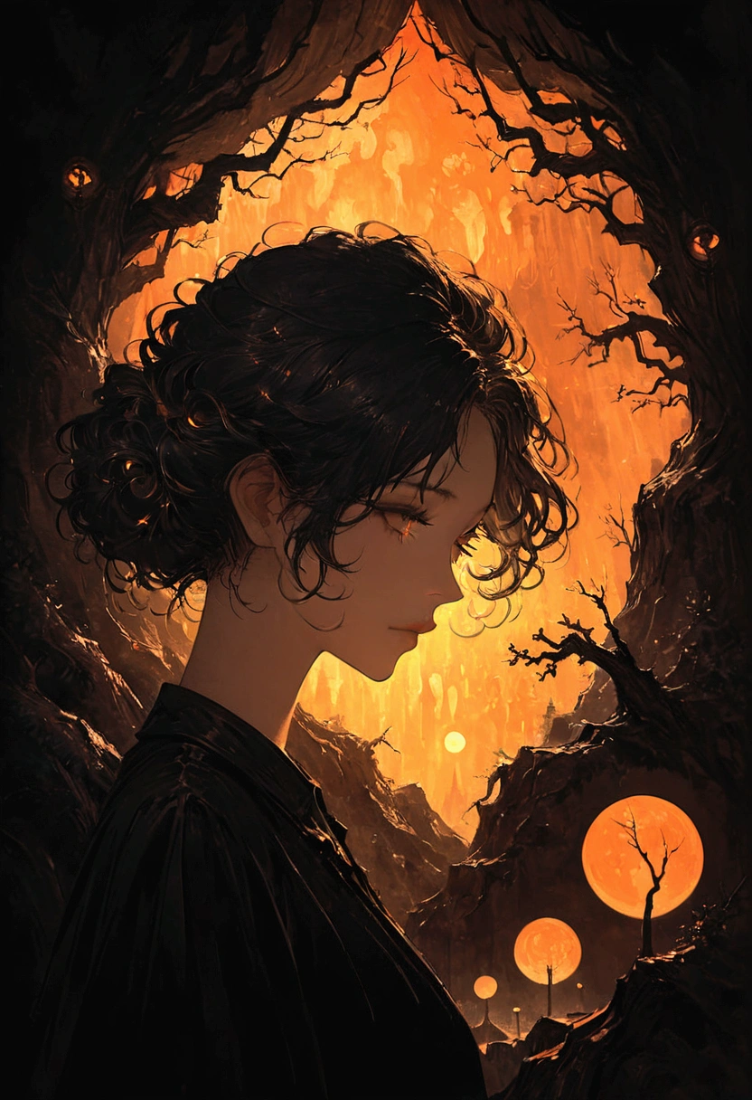 optical illusion, Black light art, conceptual artwork, por Arthur Rackham, (best qualityer, high resolution, ultra detali), orange tones , portraits, bright coloured, extreme detailed description, sharp focus, Physically based rendering, studio lighting, horor, witch, magical, mysterious atmosphere, swirling mist, ethereal glow, ancient trees, twisted branches, Moonlit sky, mysterious shadows, Mesmerizing, enchanting, hauntingly beautiful,