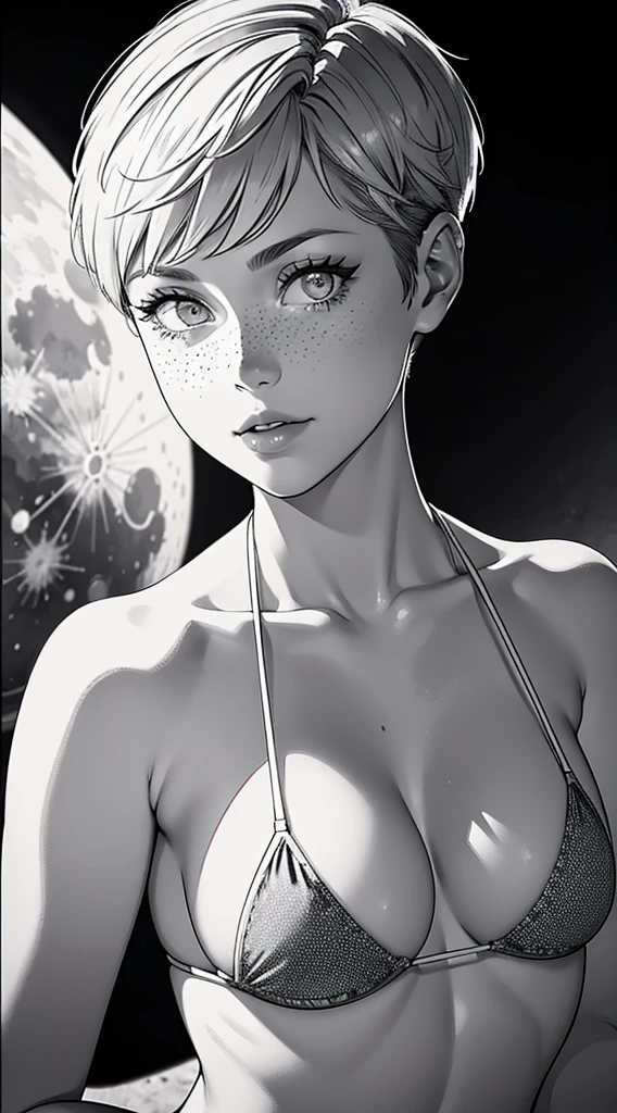 {high definition image}, 1 beautiful russian woman, 30 years old, short hair (pixie cut), pointed nose, thin lips, busty, freckles on the face, wearing a mini bikini, looking at the viewer with a neutral expression, {centered image}, {close up on face}, {just face and chest photo}, Manga lineart (monochrome), grayscale, background moon