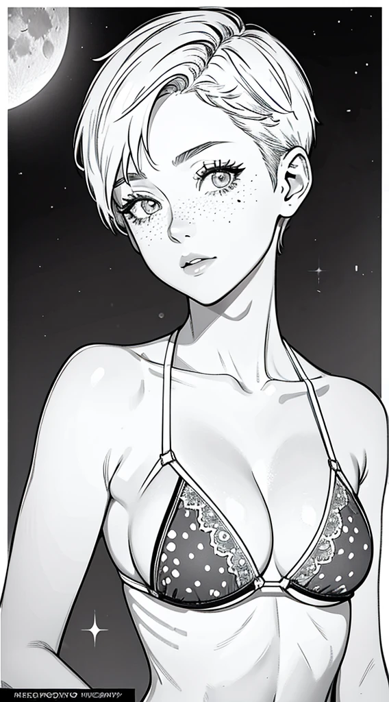 {high definition image}, 1 beautiful russian woman, 30 years old, short hair (pixie cut), pointed nose, thin lips, busty, freckles on the face, wearing a mini bikini, looking at the viewer with a neutral expression, {centered image}, {close up on face}, {just face and chest photo}, Manga lineart (monochrome), grayscale, background moon