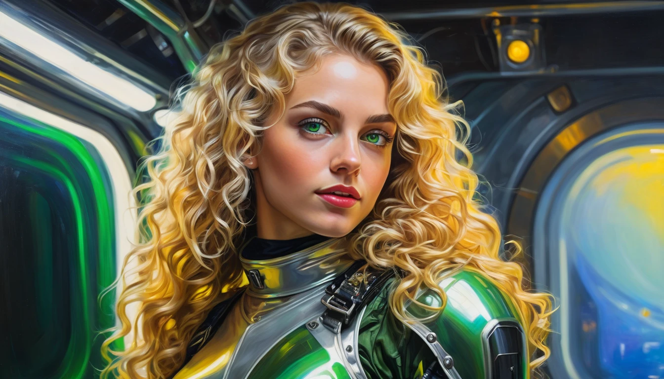 realistic acrylic art, vivid colors, lateral back point of view, a beautiful european woman with long curly blonde hair, green eyes, looking at the viewer with suspicious face and a shy smile, she wears TRANSPARENT plastic tight armor, gloves, adjusting a sophisticated belt, dramatic yellow lights, background space station