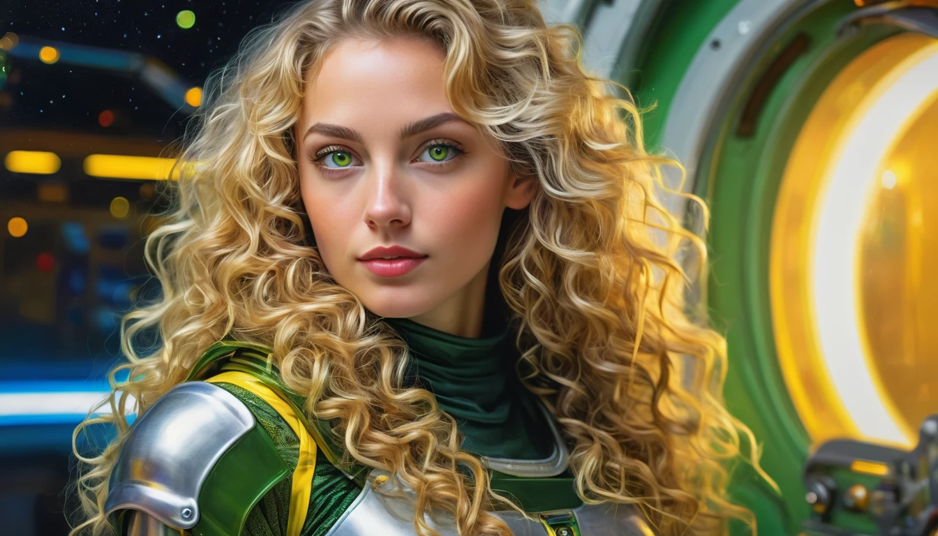 realistic acrylic art, vivid colors, lateral back point of view, a beautiful european woman with long curly blonde hair, green eyes, looking at the viewer with suspicious face and a shy smile, she wears TRANSPARENT plastic tight armor, gloves, adjusting a sophisticated belt, dramatic yellow lights, background space station