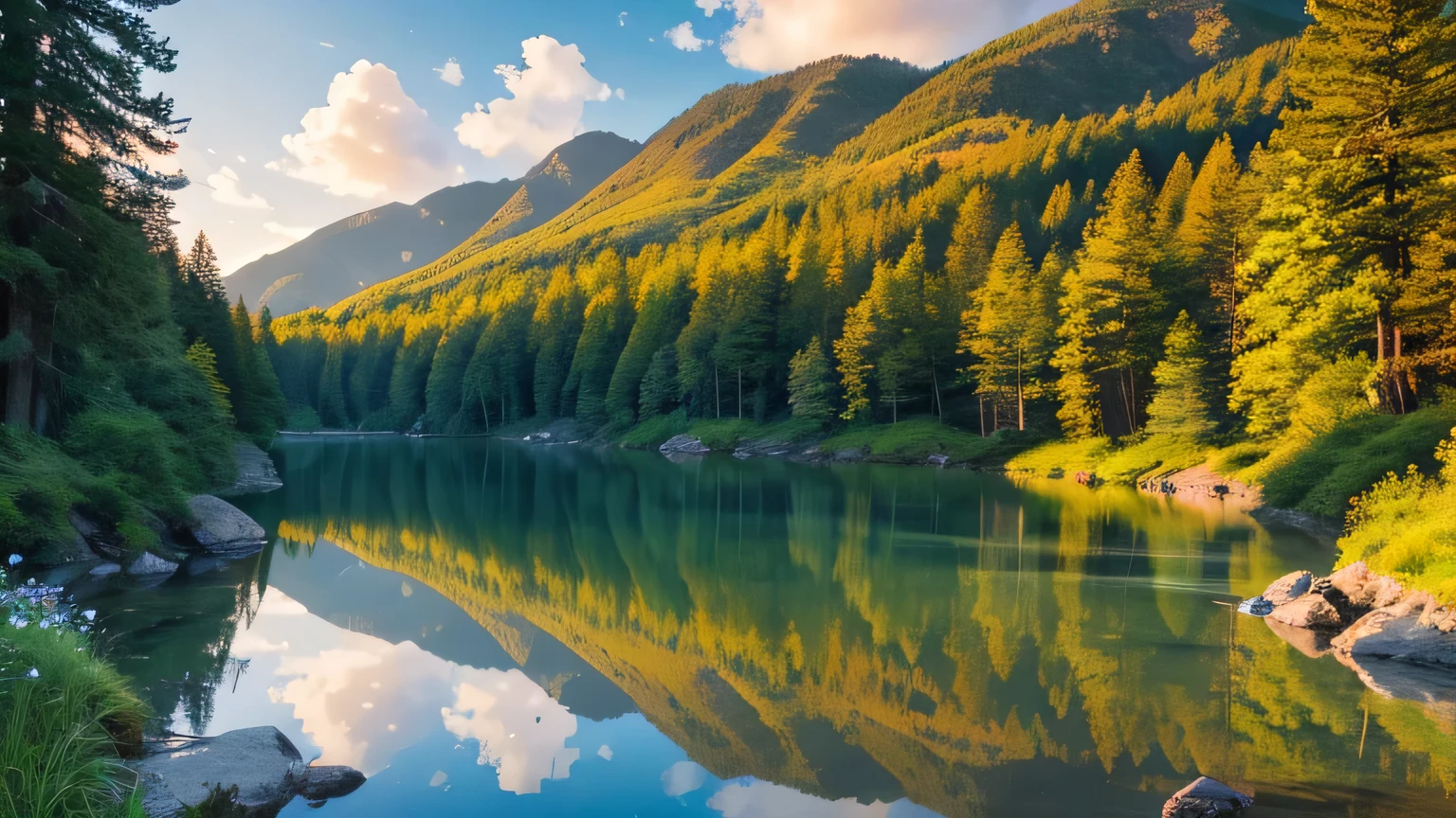 (Realistic scenery,High resolution,masterpiece:1.2),Vibrant colors,Very detailed,Sharp focus,Physically Based Rendering,Natural light,forest,Mountain々,river,Reflection Lake,Gentle hills,Sunlit clouds,Towering Tree々,Colorful wildflowers, Tranquility,Harmony,Freeflow, Peaceful atmosphere,Breeze,Harmonyのとれたカラーパレット,Quiet atmosphere,Sublime Beauty,Awe-inspiring views,Serene and majestic,Untouched nature.