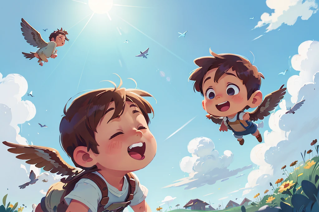 Little boy with wings flying in blue sky, beautiful sky, clouds, sun, birds flying, feeling of happiness, wind, brown hair, short hair, goggles, open mouth, happy, Ghibli-like colors, bloom, cinematic lighting, god rays, from side, from above, lens flare, masterpiece, best quality, high details