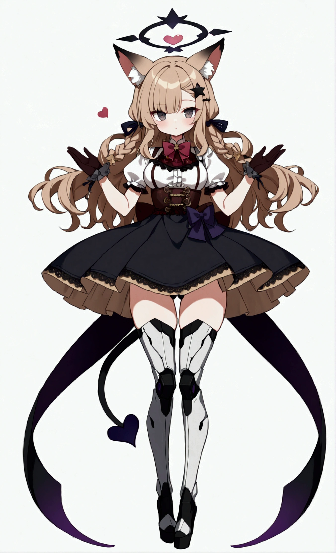 Woman 180cm tall, medium chest, wide hip, slim build, charming look, (dark blonde hair), ((hip length loose wavy hair, asymmetrical bangs, star hairpin)), (a short braid on the left and right side of the hair tied with an elegant purple ribbon), (small ribbons at the back of the hair), ((Gray eyes with a pink 4-pointed star in the pupil)), (two black fox ears located on the top of the head), (luminous black halo in the shape of a 4-pointed star on the head), ((It has a small black succubus tail that ends in the shape of a heart)), (((It has complex mechanical legs that reach up to the thighs., The legs are dark gray with small burgundy and black details))), (elegant thigh-length one-piece dress, small Vinotinto bowtie on the neck of the dress, white bust with vertical black lines, lace and ruffle skirt, short sleeves with ruffles, big bow on the back of the hip of the dress, ribbon decorations and star patterns on the dress), black ruffled gloves, Black platform heels, gray belt at the waist with a large ribbon with a luminous pink heart in the middle, black necklace with a heart pendant on the neck, (((character design sheet: front view))), ((whole body)), extremely detailed beautiful hair, beautiful detailed dress, extremely detailed arms, extremely detailed face, (Extremely detailed hands), perfect hands, small face, Beautiful detailed eyes, beautiful detailed lips, adorable, extremely detailed legs, (Best Quality, 8k, high resolution), ultra detailed, Exquisite and epic character art, ((White background)), (Focus on symmetry), (beautiful detailed succubus tail)