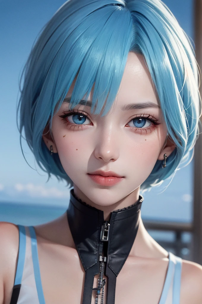 tmasterpiece,best qualtiy,8k,detailed skin textures,Detailed cloth texture,beautifull detailed face,Complicated details,the ultra-detailed,Portrait of Rei Ayanami,blue hairs,red color eyes,pixie cut,Cyan sky background