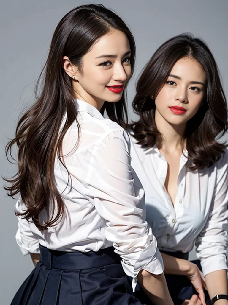 Gray background、pubic hair、Large Breasts、Thighs、Red lipstick、(((Glaring)))、Curly Hair、Disheveled Hair、Cute woman、high school girl、White shirt、Navy frill mini skirt、Open chest shirt、tie、smile、A shirt with underwear showing through、Watching from behind