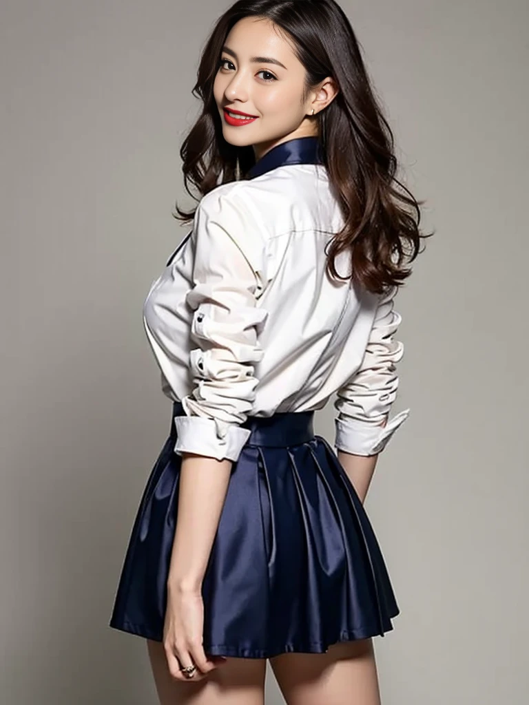 Gray background、pubic hair、Large Breasts、Thighs、Red lipstick、(((Glaring)))、Curly Hair、Disheveled Hair、Cute woman、high school girl、White shirt、Navy frill mini skirt、Open chest shirt、tie、smile、A shirt with underwear showing through、Watching from behind