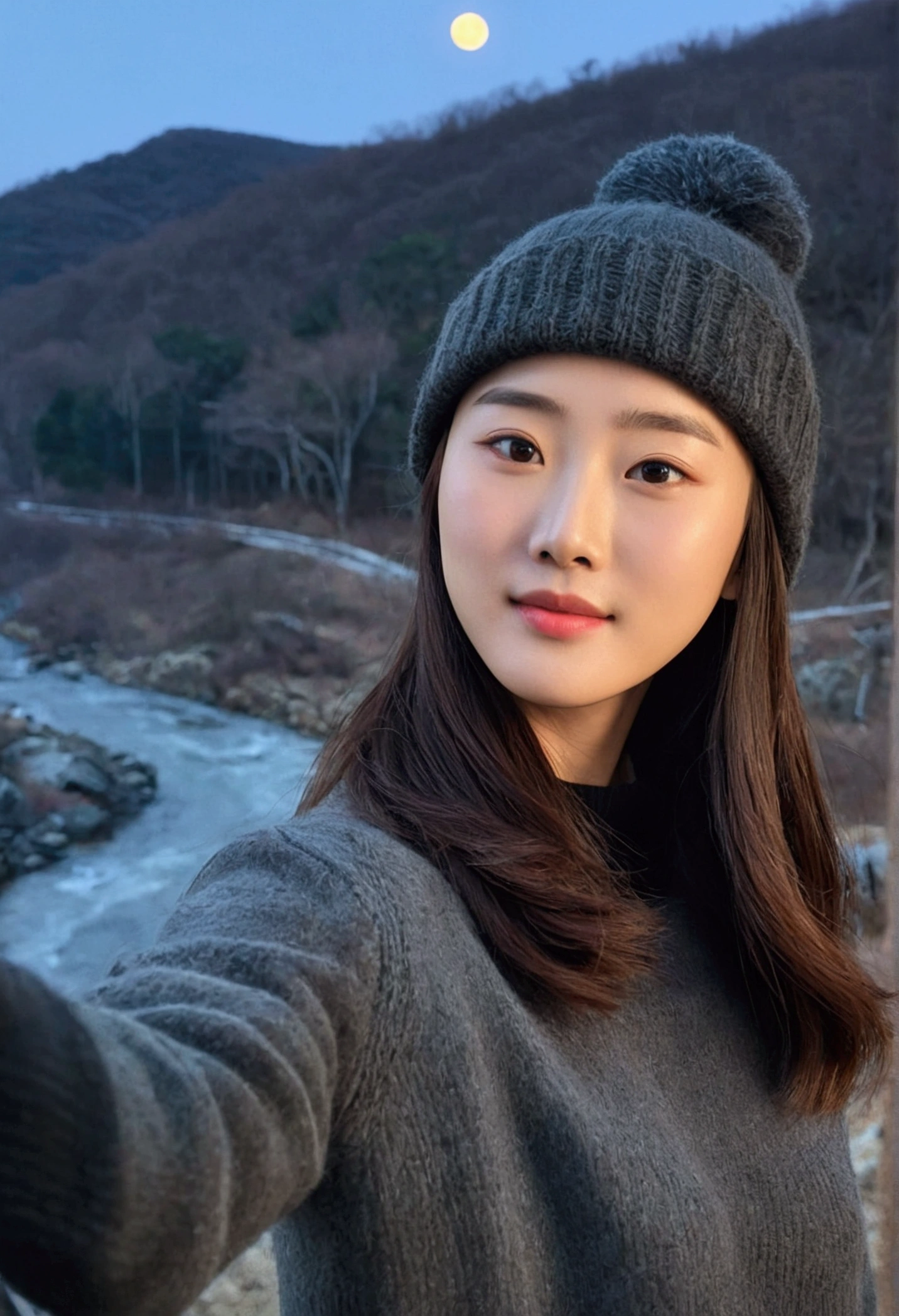 photograph, photo Of Park Seo-Joon ( korea actor) embrance Liu Yifei ( chinese actress) , selfie, upper body, solo, wearing pullover, outdoors, (night), mountains, real life nature, stars, moon, cheerful, happy, gloves, sweater, beanie, forest, rocks, river, wood, smoke, fog, looking at viewer, skin texture, photo grain, close up, RAW photo