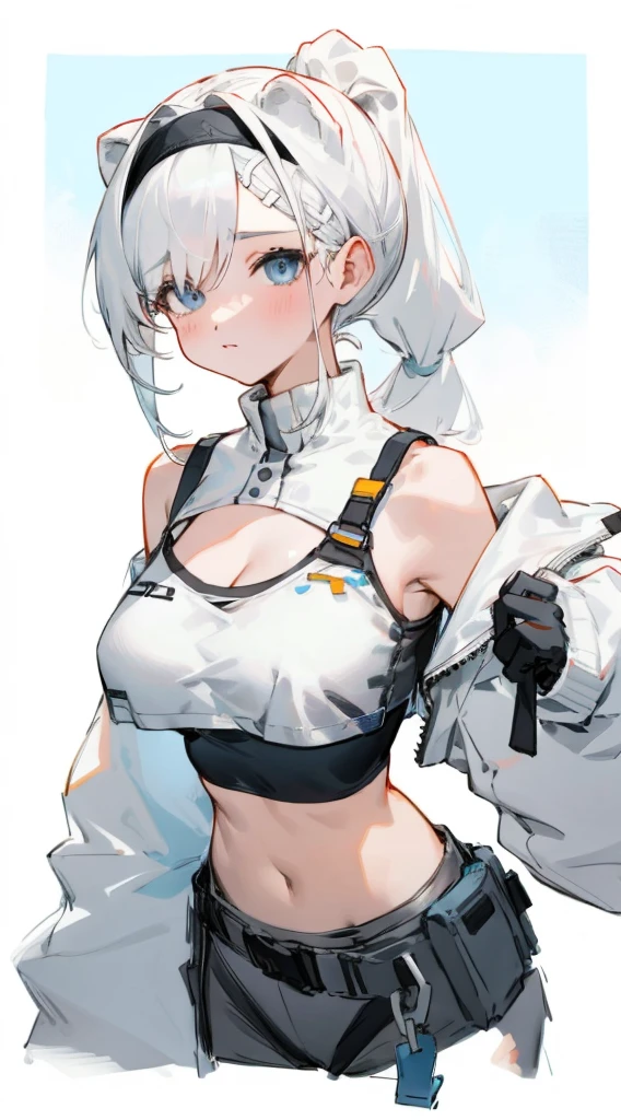 Bigboobs,cropped shoulders,White color hair,High ponytail,Stand up,sporty attire,Top-down view,camisole