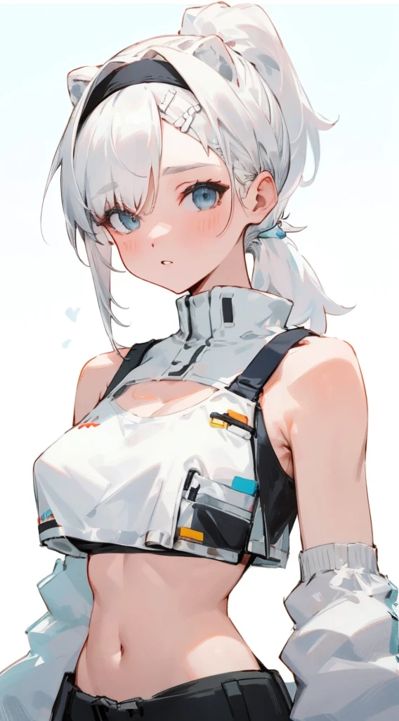 Bigboobs,cropped shoulders,White color hair,High ponytail,Stand up,sporty attire,Top-down view,camisole