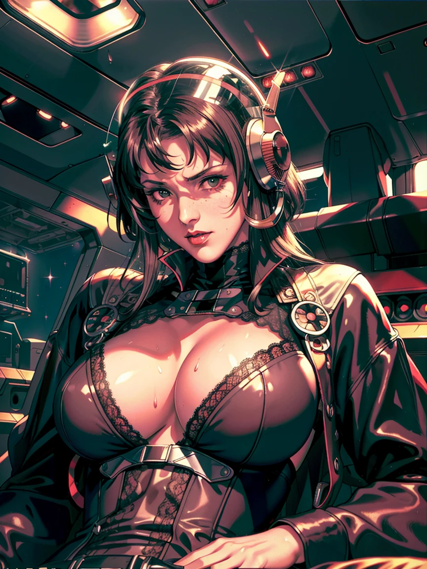 ((gothic vampire piloting in gothic spacecraft)), (((retro anime))), ((from below)), ((100 fov)), ((((gothic)) control panels)), (((mature))), (((gothic))), iridescent bodysuit, (((lace accessories))), ((pilot seat)), ((((lying back)) pose)), (((elegant))), (((serious tone))), ((cockpit top control panel)), intricate control panel details, close-up, 1990s (style), masterpiece, ((claustrophobic)), best quality, screens, ((pilot helmet)), night, (colorful cockpit lights), sparkles, (dramatic lighting), sweat, wet, [blushing], [[[pointy ears]]]