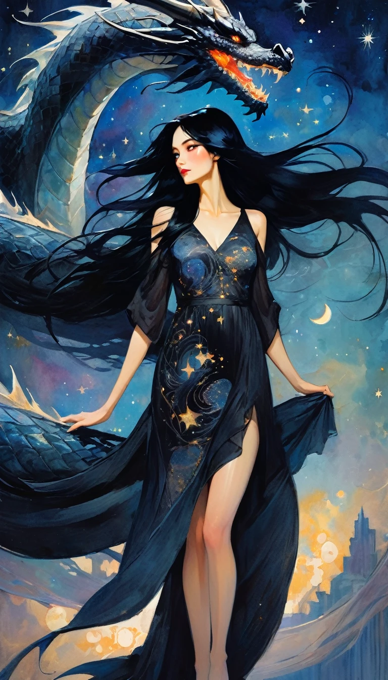 woman and giant dragon, woman with long, sexy black hair, wearing an embroidered dress whose fabrics fly across the image,magic, fantastic, night sky, moon, stars, background, (simple oil painting in a style to Bill Sienkiewicz)