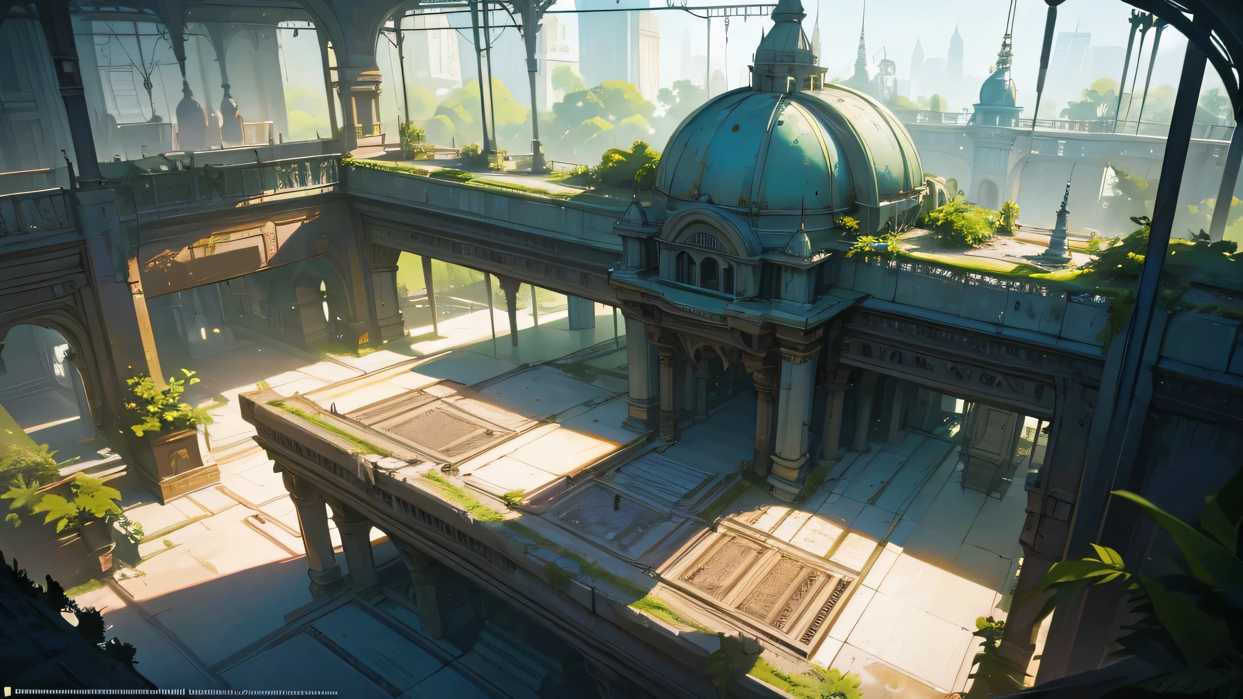 a large abandoned interior of a futuristic train station, covered in lush plants, top view, canary, highly detailed, intricate architecture, warm lighting, cinematic, epic scale, photorealistic, 8k, masterpiece. top view just like a tabletop RPG