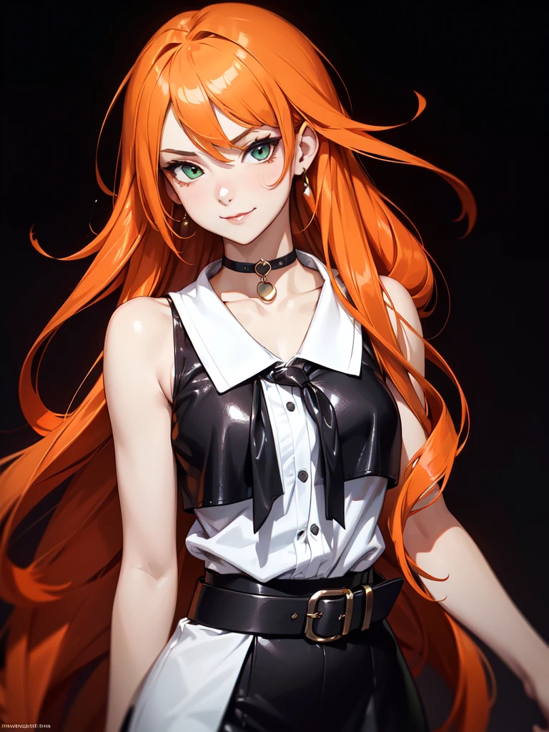 (((Portrait Photo))), She has a Vibrant, Energetic Appearance of a 17-Year-Old, with a Confident and Lively Demeanor. Her Long, Flowing Orange Hair, Styled in Loose Layers, Cascades Down Her Back. Her Striking Green Eyes, Filled with a Playful and Mischievous Glint, Stand Out against Her Fair Skin. She is Wearing in a Chic Summer Outfit with a Black Mini Skirt, and a White Sleeveless Blouse, Completed with a Leather Belt and a Delicate Choker Necklace. Her Expression is Confident and Inviting, with a Subtle Smirk that Hints at Her Spirited Personality. (((High Quality, Dark Background))), (((Portrait Photo)))