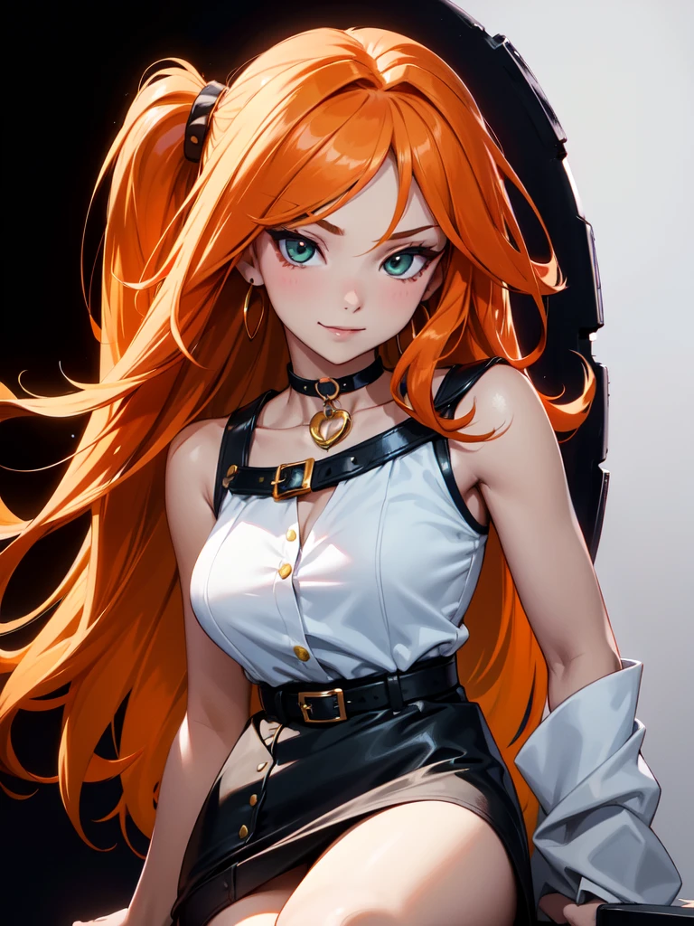 (((Portrait Photo))), She has a Vibrant, Energetic Appearance of a -Yeld, w a Confident and Lively Demeanor. Her Long, Flowing Orange Hair, Styled in Loose Layers, Cascades Down Her Back. Her Striking Green Eyes, Filled with a Playful and Mischievous Glint, Stand Out against Her Fair Skin. She is Wearing in a Chic Summer Outfit with a Black Mini Skirt, and a White Sleeveless Blouse, Completed with a Leather Belt and a Delicate Choker Necklace. Her Expression is Confident and Inviting, with a Subtle Smirk that Hints at Her Spirited Personality. (((High Quality, Dark Background))), (((Portrait Photo)))