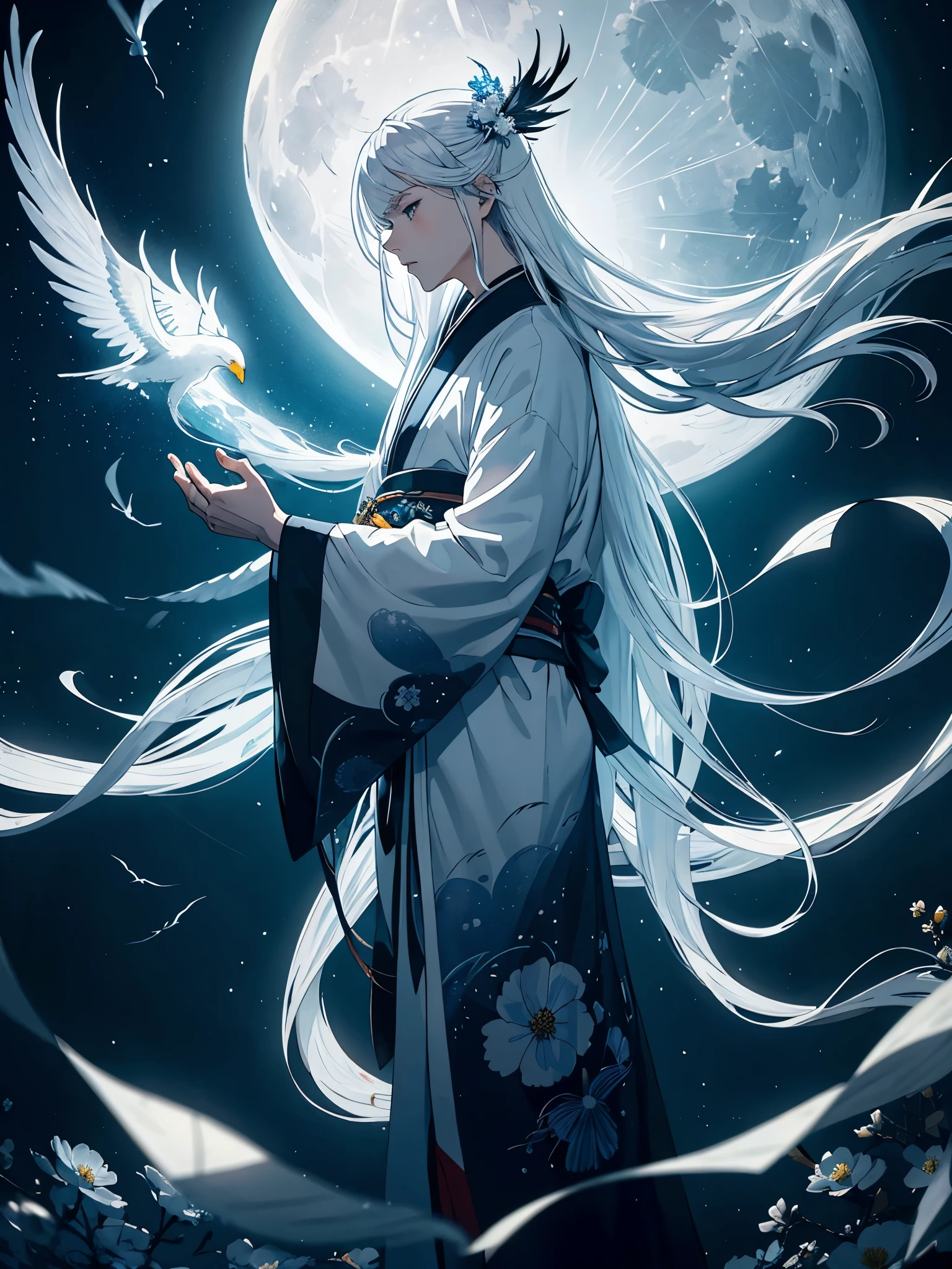 Kimono. White crows. Ghosts. lights. magical. Power animals. Spirit. King of the moon. Long hair. long white hair. aquatic, boy, silver hair accessories, White hair, blue flowers. Blue lights. full moon. holy.