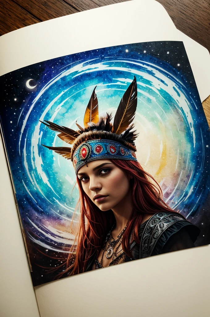 A beautiful red-haired girl in a Native American chief headdress. Surrealist Dream Bookmark by Luis Royo, magie, water colour, inking, acrylic, double exposure, futurist, fancy, great detail, Meia-noite, moonligh, FOG, gothic darkness, art on a cracked paper, detailed storybook illustration, cinematic, ultra highly detailed, small details, Beautiful Details, mystic, Luminism, swirly vibrant colors