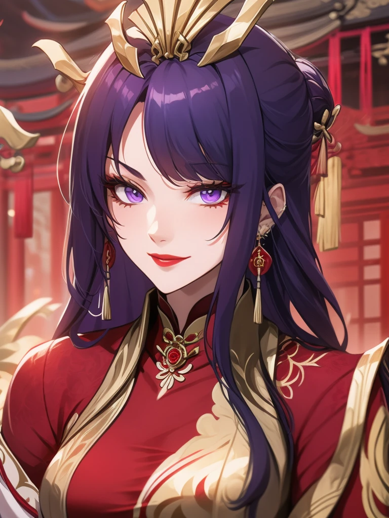 score_9, score_8_up, score_7_up, score_6_up, score_5_up, score_4_up, Raiden shogun, purple eyes, purple long hair, tied hair, hair in a bun, hairpin, traditional Chinese red wedding hanfu dress, Yourqipao Red Embroidery Chinese Xiuhe Hanfu Women's Satin Cheongsam Ancient Traditional Chinese Bride, Wedding Dress, Long Dresses, Long Earrings, Red Lipstick, Detailed Eyes, Traditional Wear, Sexy Attractive, Hot, Traditional, Smiling Wide, Happy, Blush, Gold Jewelry, Gold Earrings, Gold Headpiece and Ring, Gold Necklace, Gold Trimmed hanfu, beautiful bride.