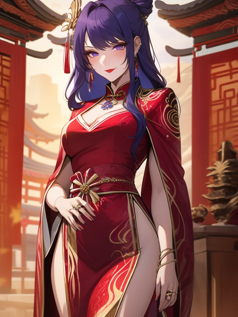 score_9, score_8_up, score_7_up, score_6_up, score_5_up, score_4_up, Raiden shogun, purple eyes, purple long hair, tied hair, hair in a bun, hairpin, traditional Chinese red wedding hanfu dress, Yourqipao Red Embroidery Chinese Xiuhe Hanfu Women's Satin Cheongsam Ancient Traditional Chinese Bride, Wedding Dress, Long Dresses, long earrings, red lipstick, detailed eyes, traditional wear, sexy attractive, hot, traditional, smiling widely, happy, blushing, lotuses, sitting,
